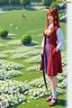 A woman stands in a field of white flowers, holding a sword.